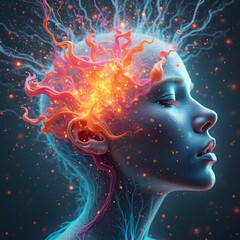 An abstract representation of consciousness, with neural patterns radiating outward in a series of interconnected, flowing lines