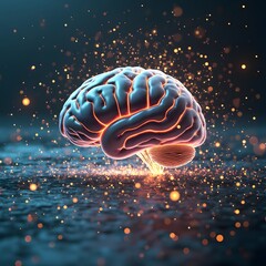 A digital landscape where particles of light float and collide, representing the electrical activity of the human brain