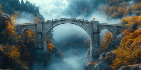 Enigmatic Stone Bridge Enveloped in Autumn Mist