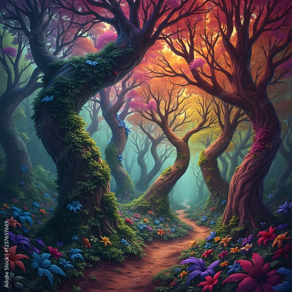 Wall mural a psychedelic forest, where the trees bend and swirl into fractal patterns, their leaves morphing in