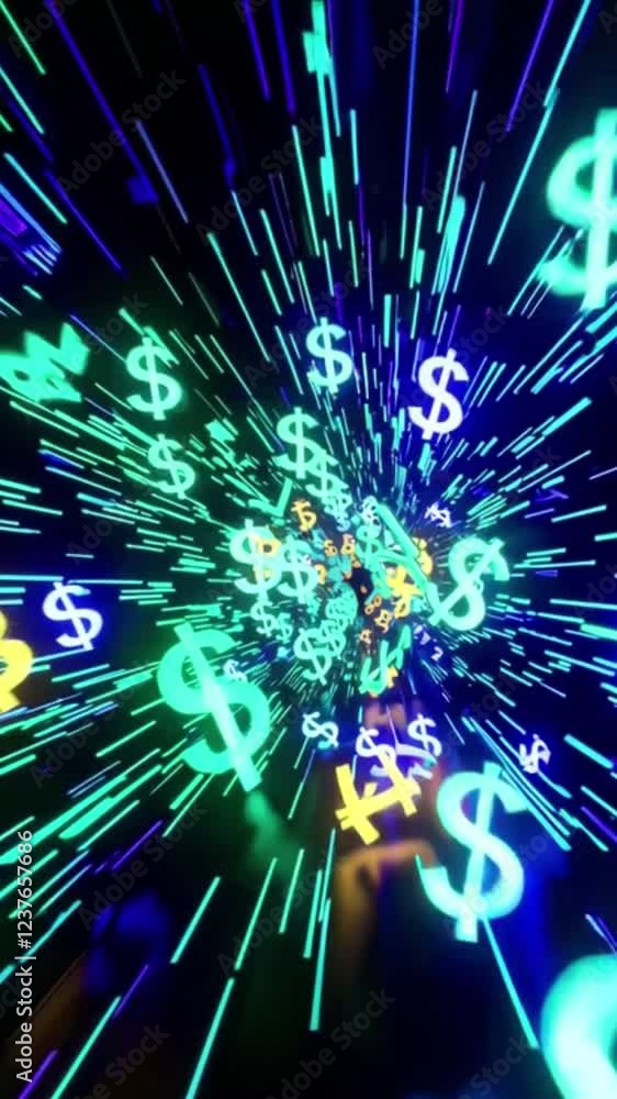 Poster dynamic motion background with dollar and bitcoin symbols emphasizing financial growth and technolog