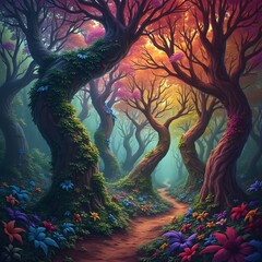 A psychedelic forest, where the trees bend and swirl into fractal patterns, their leaves morphing into colorful spirals