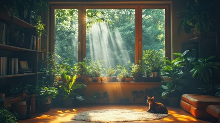 Sunbeams Illuminating a Cozy Room with Plants and a Cat