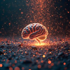 A digital landscape where particles of light float and collide, representing the electrical activity of the human brain