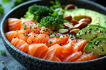 Vibrant glowing wireframe of a balanced healthy plate with fresh and colorful fruits and vegetables