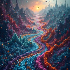 A digital representation of the human psyche, where emotions manifest as kaleidoscopic, fluid shapes and textures