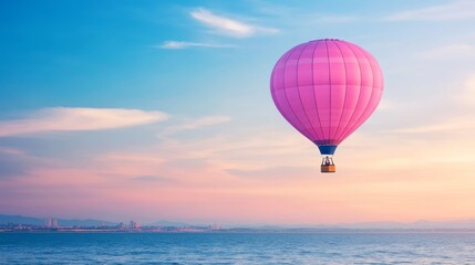 Fototapeta premium Pink Hot Air Balloon Soaring Over Coastal City at Sunset