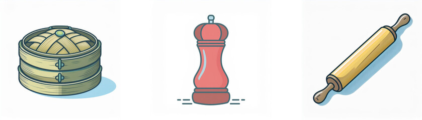 Illustration of steamed buns, a pepper mill, and a rolling pin; culinary tools and food.