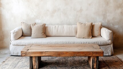 A Rustic Living Room With A Linen Couch, Wooden Coffee Table, And Neutral-Toned Pillows. The Overall Vibe Is Calm And Cozy.