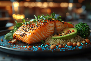 Vibrant wireframe of a balanced and healthy plate glowing on a dark background