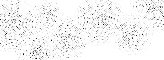 Black dotted concentric circles pattern. Radial halftone abstract wallpaper. Rippled sound wave rings background. Tech circular particles texture for banner, poster, presentation. Vector backdrop