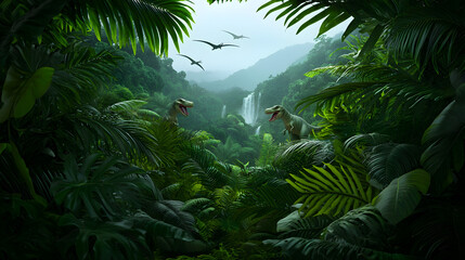 Lush Tropical Jungle with Dinosaurs and Mountains in Background