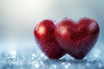 Fototapeta premium Two red hearts on the right side of the picture with a white and silver glittery background, blurred bokeh effect, and sparkling for a Valentine's Day theme.