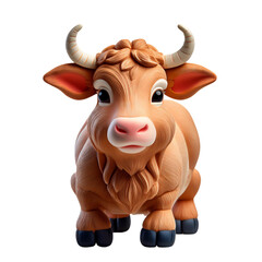 Cartoon Style Brown Highland Cow with Big Horns and Expressive Face, isolated on transparent background