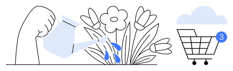 Hand pours water over flowers, with water droplets visible. Blue cloud and shopping cart with notification dot. Ideal for gardening, shopping, notifications, e-commerce, nature, environment digital
