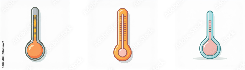Poster three thermometers shown, each with a different colored liquid and bulb. they display varying levels