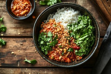 Spicy chicken rice bowl, herbs, sauce, wood table, healthy meal