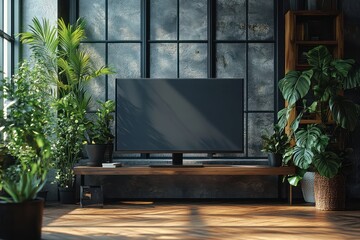 Modern Living Room Interior Design with Flat Screen TV and Lush Greenery