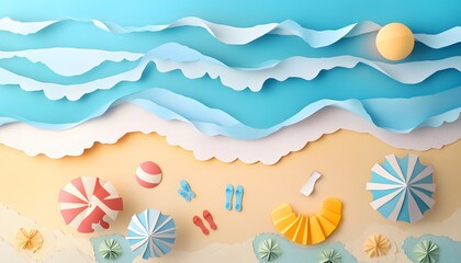 Paper art depicts a summer beach scene with waves and beach accessories