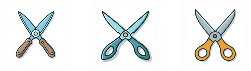 Three pairs of shears shown in different colors: teal, blue-gray, and orange.  These tools are used for cutting.