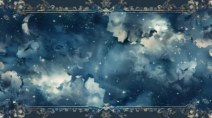ark blue sky with white clouds, a starry night, with an intricate border of lace and silver filigree. The stars twinkle in the background while the delicate floral patterns on each side frame it