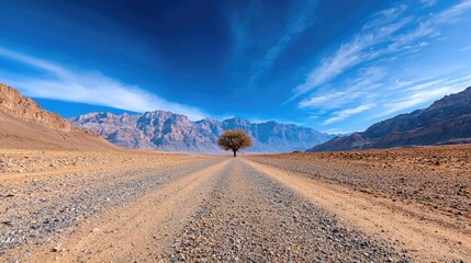 Fototapeta premium Lone tree desert road, mountains backdrop, travel scenic