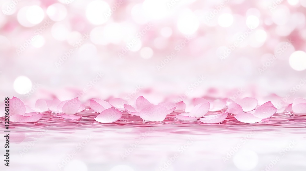 Poster pink petals floating on calm water with soft bokeh background