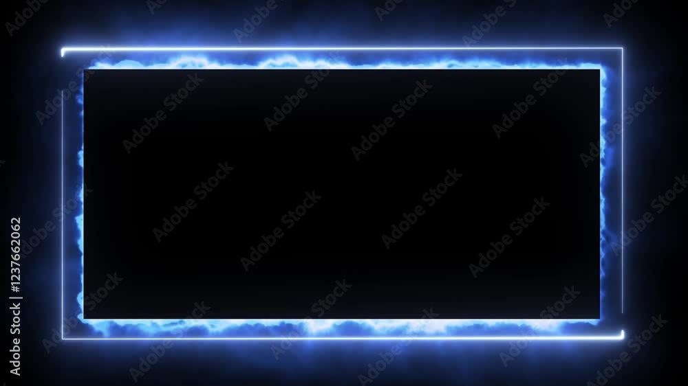Poster glowing blue neon rectangle border with dynamic motion, futuristic laser effect, and abstract ultrav