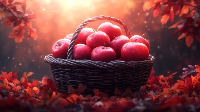 Autumn harvest Red apples in basket, forest background, fall foliage