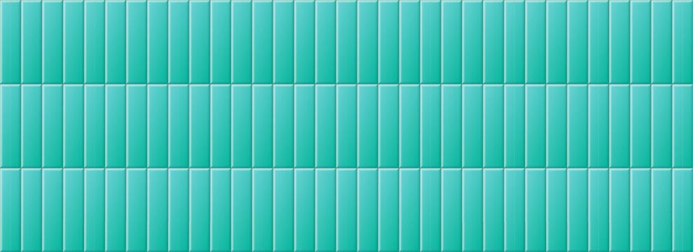 Seamless blue green tile pattern. Rectangle ceramic tiled texture for bathroom wall, kitchen floor, pool surface. Repeating cyan mosaic grid background. Turquoise vertical brick backdrop. Vector
