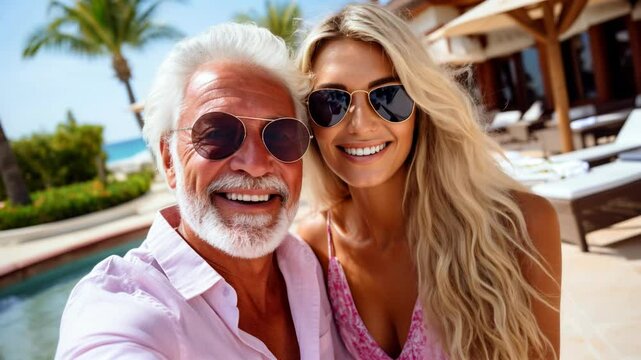 Happy Old wealthy rich man posing with his gorgeous young girlfriend at a luxurious tropical resort taking a selfie looking at the camera	

