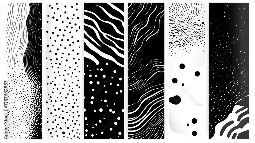 Poster abstract black and white patterns collection featuring fluid shapes, dotted designs, and wavy lines 