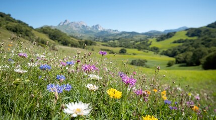 Obraz premium Colorful wildflowers bloom in a lush green alpine meadow under a clear blue sky with mountains in the background.
