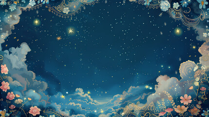 ark blue sky with white clouds, a starry night, with an intricate border of lace and silver filigree. The stars twinkle in the background while the delicate floral patterns on each side frame it