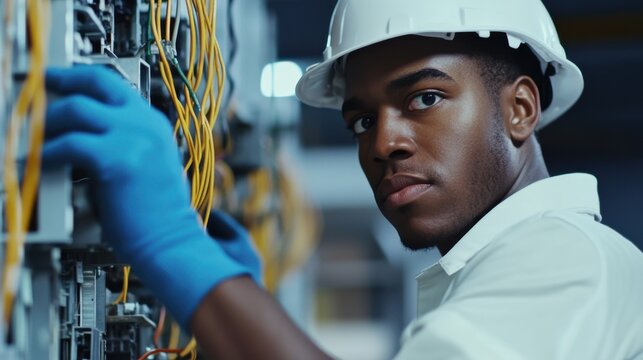 Close-up of a construction site electrician in a white hard hat and blue gloves, wiring electrical panels and looking at the camera, with a backdrop of electrical cables and equipment