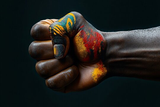 A powerful clenched fist painted in vibrant colors symbolizes strength and unity, ideal for Black History Month events, cultural awareness campaigns, and empowerment themes.