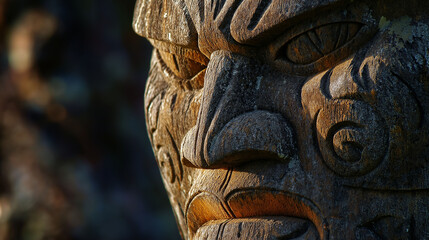 A dramatic close-up of a carved stone figure at the Waitangi Treaty Grounds, shadows highlighting the intricate detail of the artwork