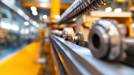 Obraz premium Close up of gears and moving components in heavy duty machinery setting, showcasing intricate details and industrial design. image conveys sense of precision and engineering excellence