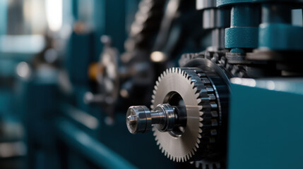 Fototapeta premium Close up of gears and moving components in heavy duty machine, showcasing intricate details and mechanical precision. image captures essence of engineering and industrial design