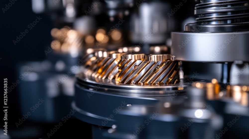 Poster close up of gears and moving components in heavy duty machine, showcasing intricate details and meta