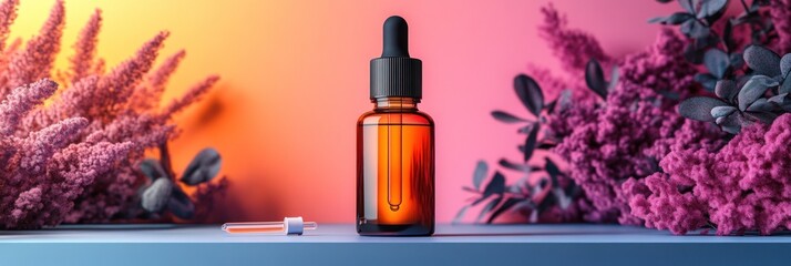 Amber Serum Bottle with Pipette and Pink Flowers on Blue Shelf