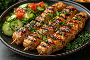 Grilled chicken skewers, cucumber salad, dark plate