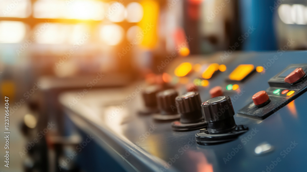 Poster close up of industrial control panel with buttons and lights, showcasing automation technology in fa
