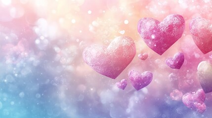 Obraz premium Sparkling hearts float in pastel sky; romantic background