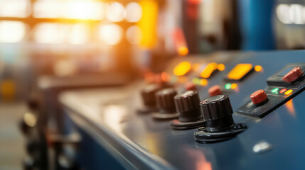 Close up of industrial control panel with buttons and lights, showcasing automation technology in factory setting. warm glow adds dynamic feel to machinery