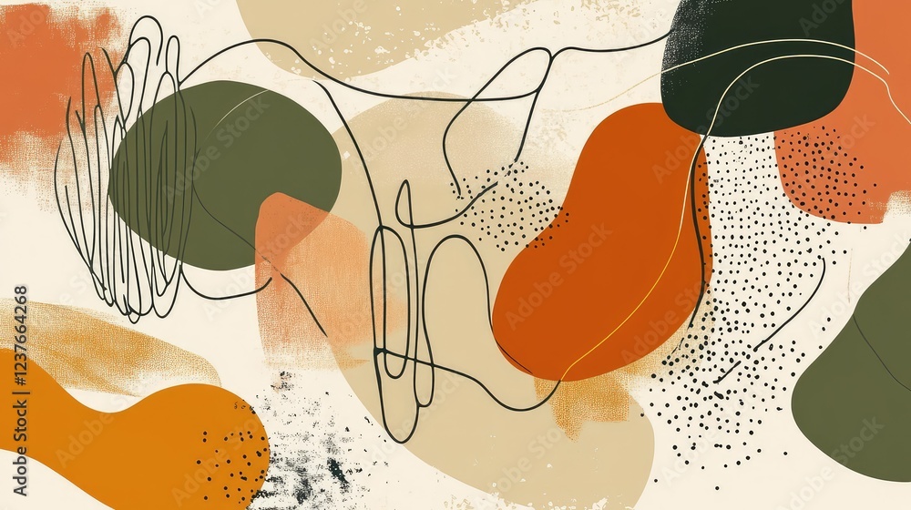 Poster abstract composition with organic shapes and lines in earthy tones and soft textures ideal for moder