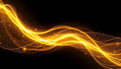Abstract golden waves, flowing energy, dynamic light trails, black background, shimmering particles, smooth curves, ethereal glow, digital art, luxurious, futuristic, elegant design, 3D render, high 