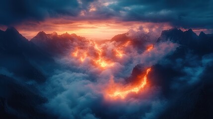 Fototapeta premium Fiery Sunset Over Volcanic Mountains: A Breathtaking Aerial View