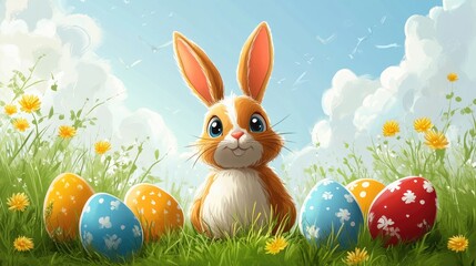 Fototapeta premium Easter bunny sitting in grass with colorful eggs and flowers