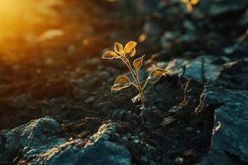 Young plant, rocky soil, sunset, growth, environmental